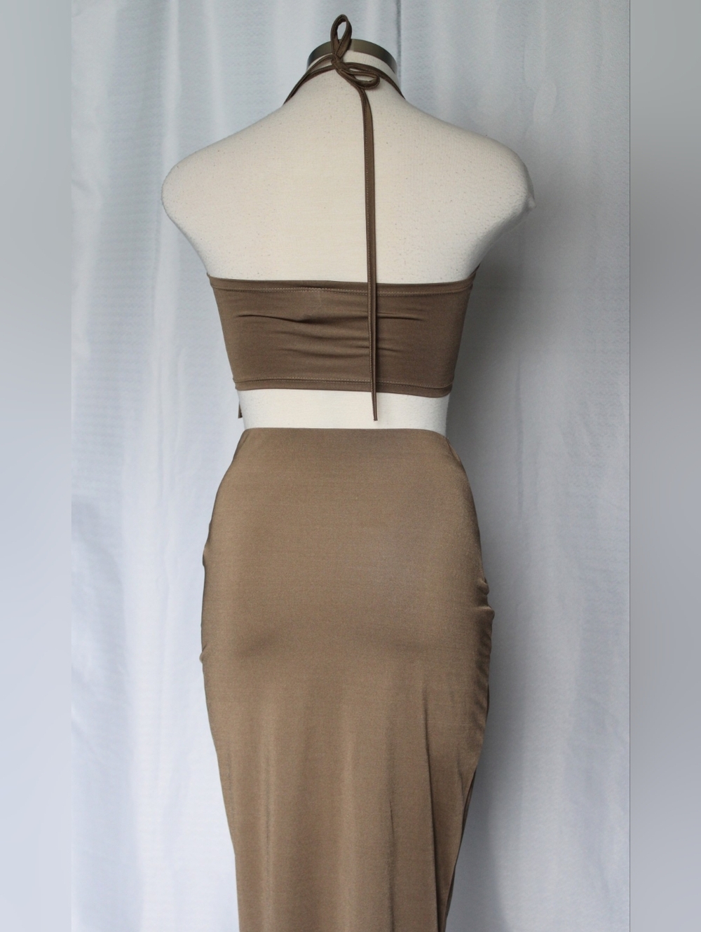 SHEIN Tan Ruched Halter 2 Piece Set XS Split Skirt - Picture 2 of 5